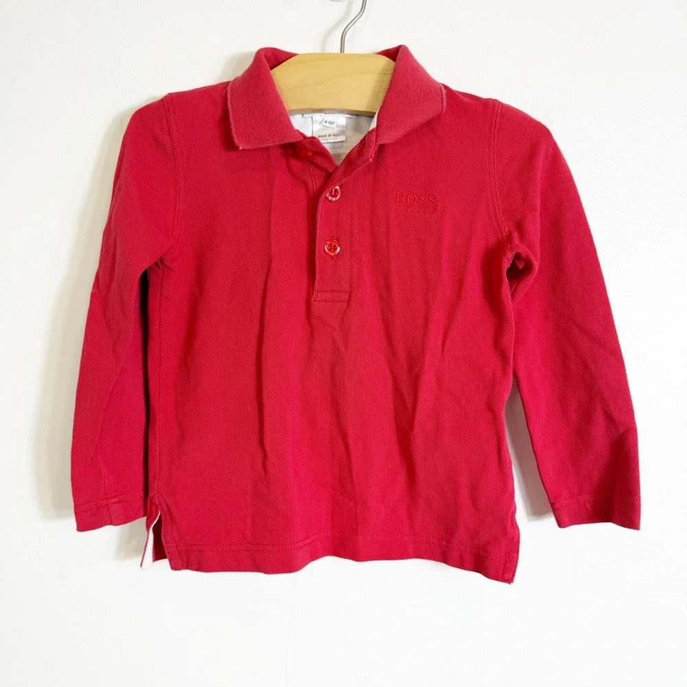 Hugo Boss Polo Shirt Boys 4 Red Long Sleeve Slim Fit Embroidered Logo